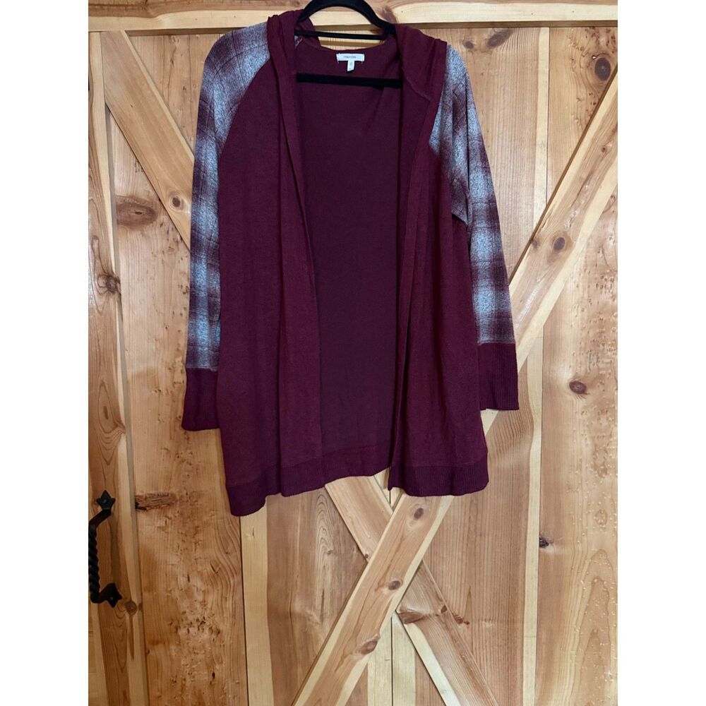 Maurices Maroon Plaid Hooded Cardigan Flannel 0X Plus Grunge Cabincore Punk